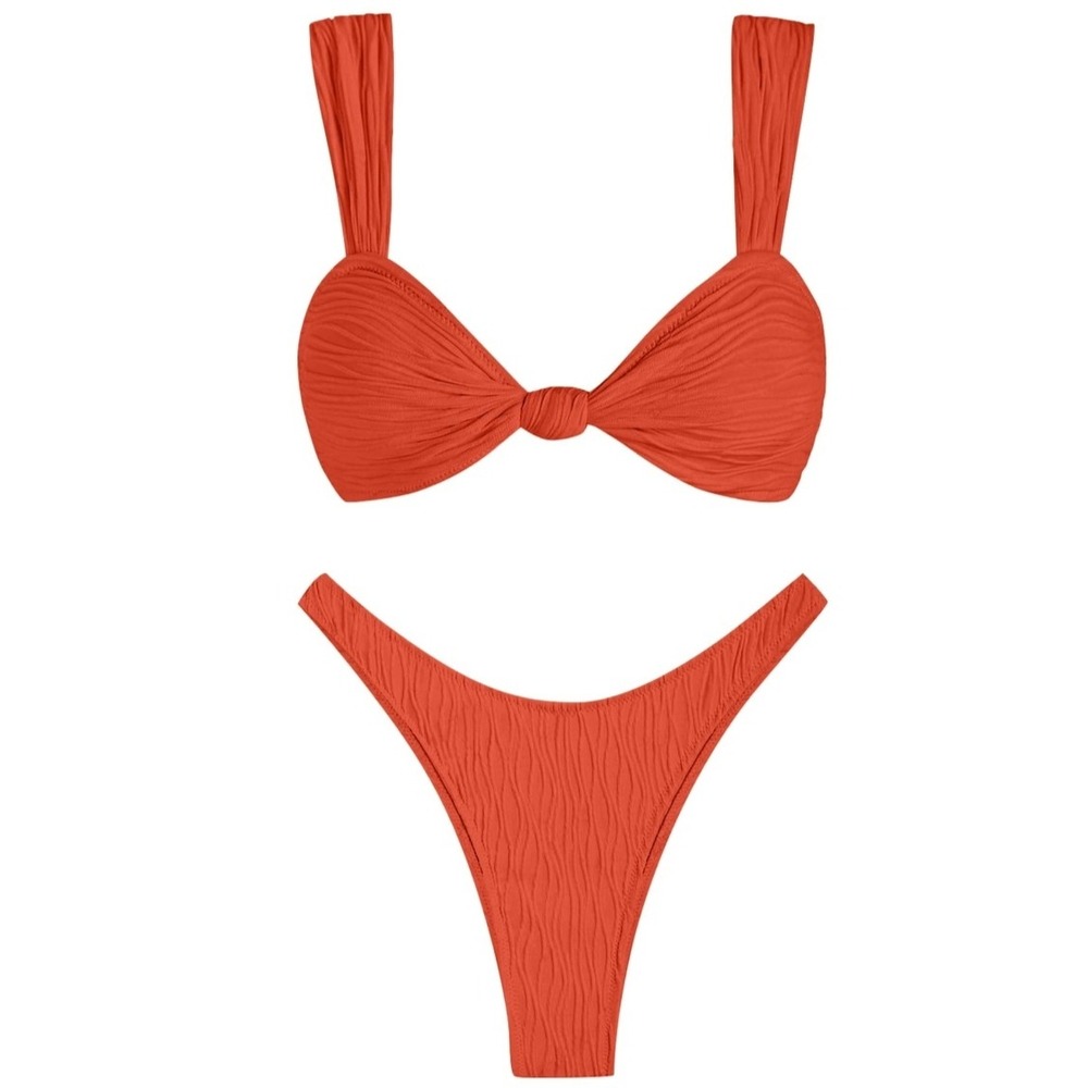 ZAFUL Womens Orange Textured Knotted Bikini Set High Cut Cheeky Swimsuit Medium